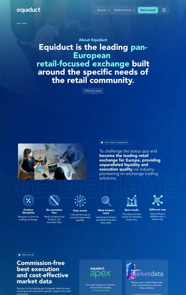 Страница о компании Equiduct, тематика — Финансы, цвета — Черный, Серый, Синий, стиль — Корпоративный, типографика — Без засечек