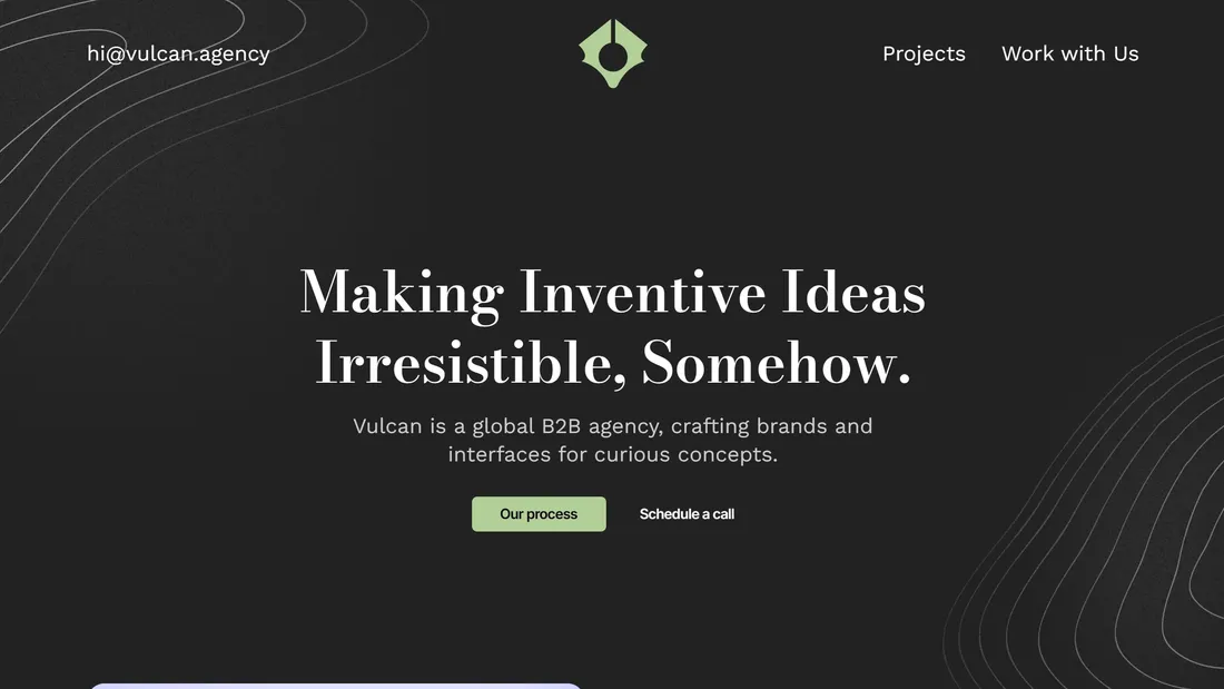 Секция «Первый экран» с сайта https://vulcan.agency/, тематика — Агентство , цвета — Черный, стиль — Минимализм, Полигональный, типографика — С засечками