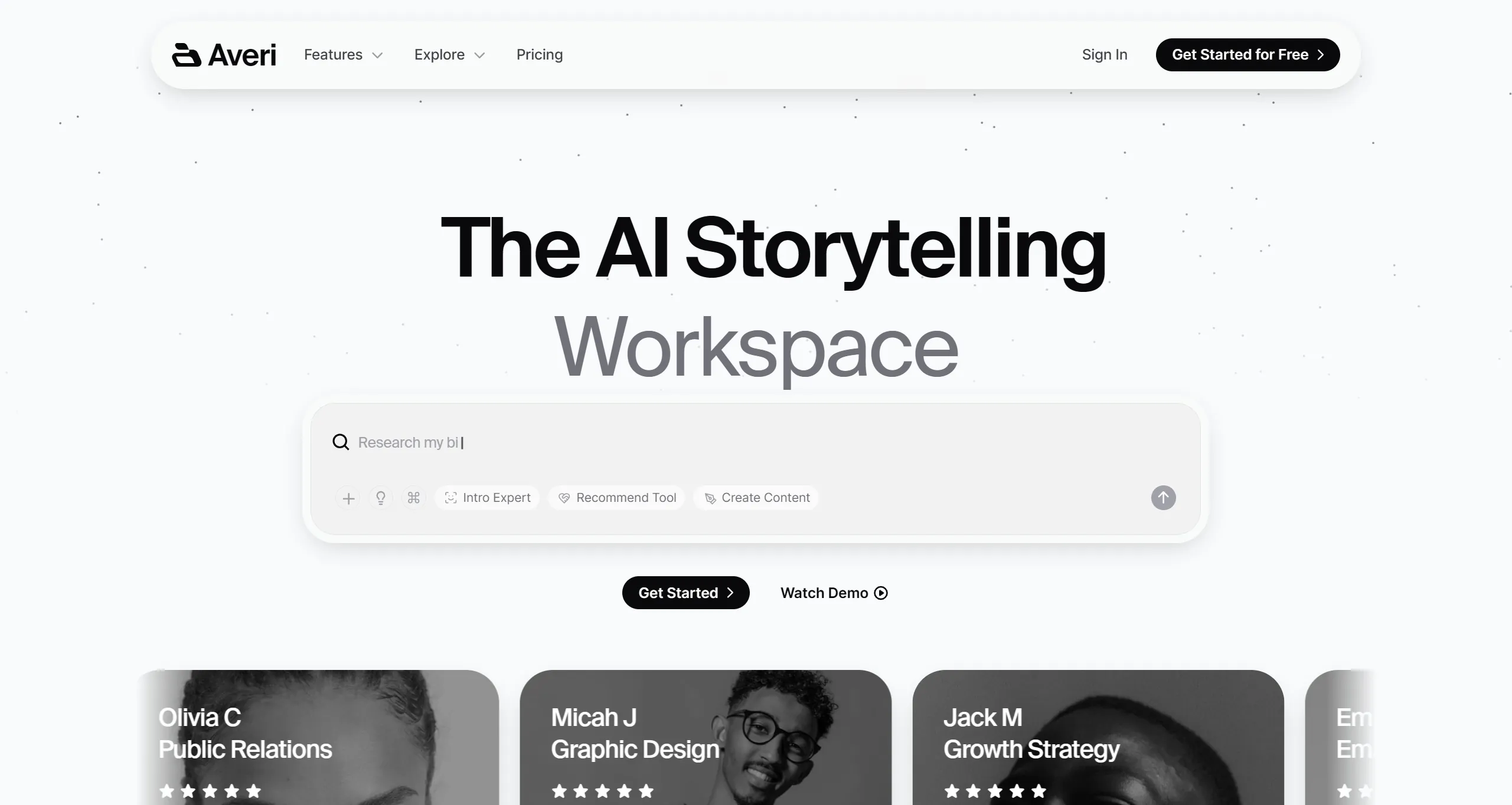 Секция «Первый экран» с сайта https://www.averi.ai/, тематика — IT и программное обеспечение, цвета — Белый, Серый, стиль — Минимализм, типографика — Без засечек