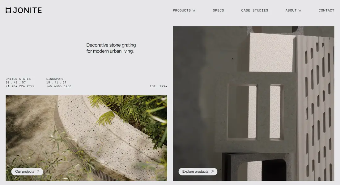 Секция «О продукте» с сайта https://www.jonite.com/, тематика — Строительство, цвета — Белый, Черный, Серый, стиль — Минимализм, типографика — Без засечек