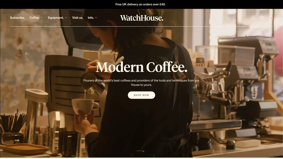 Секция «Первый экран» с сайта https://watchhouse.com/, тематика — Еда и напитки, цвета — Черный, Серый, Коричневый, стиль — Классический, Корпоративный, типографика — С засечками