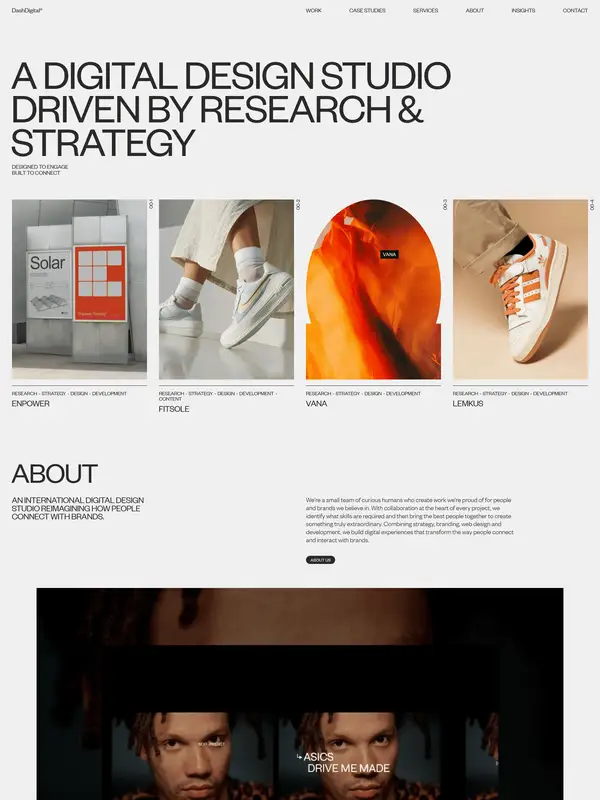 Портфолио Dash Digital Studio, тематика — Дизайн, цвета — Белый, Черный, Серый, стиль — Корпоративный, Минимализм, Брутализм, типографика — Без засечек