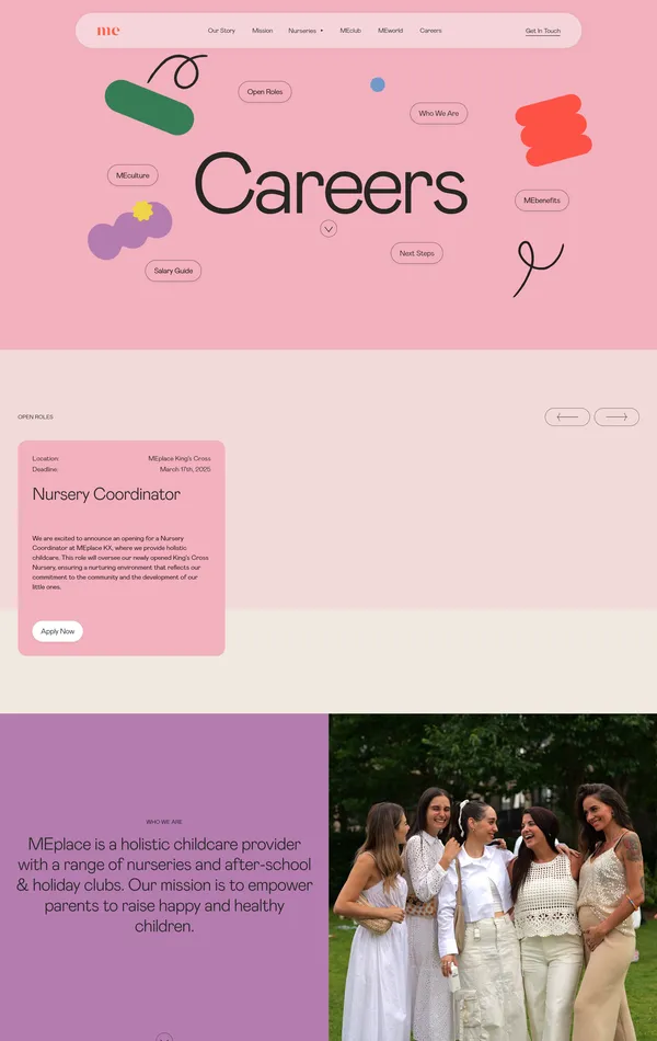 Страница карьеры MEplace, тематика — Образование, цвета — Белый, Серый, Розовый, стиль — Рисованный, типографика — Без засечек, Рукописные
