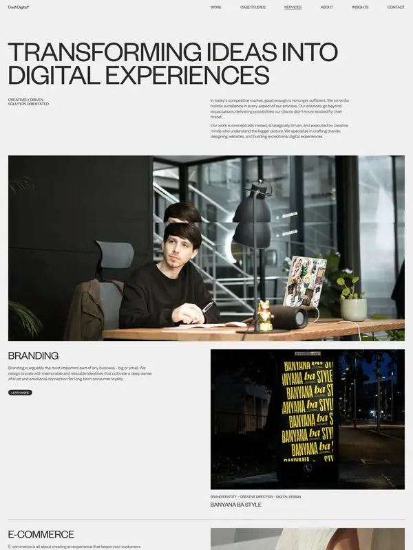 Главная Dash Digital Studio, тематика — Дизайн, цвета — Белый, Серый, стиль — Корпоративный, Минимализм, типографика — Без засечек