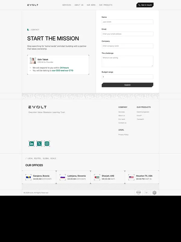 Контакты Evolt, тематика — IT и программное обеспечение, цвета — Белый, стиль — Корпоративный, Минимализм, типографика — Без засечек