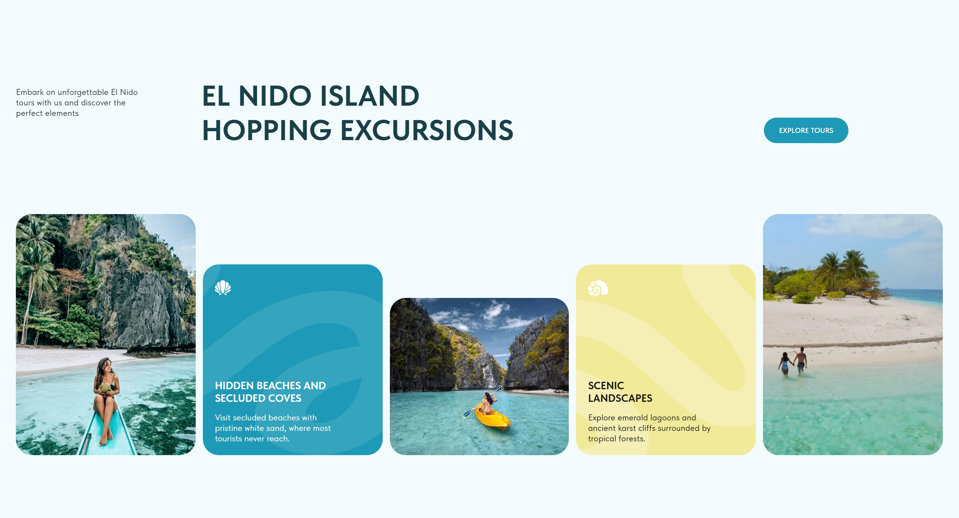 Poseidon Elnido Секция «Услуги» с сайта https://poseidonelnido.com/, тематика — Путешествия и туризм, цвета — Белый, Серый, стиль — Карточный, Минимализм, Органический и природный, типографика — Без засечек, Декоративные