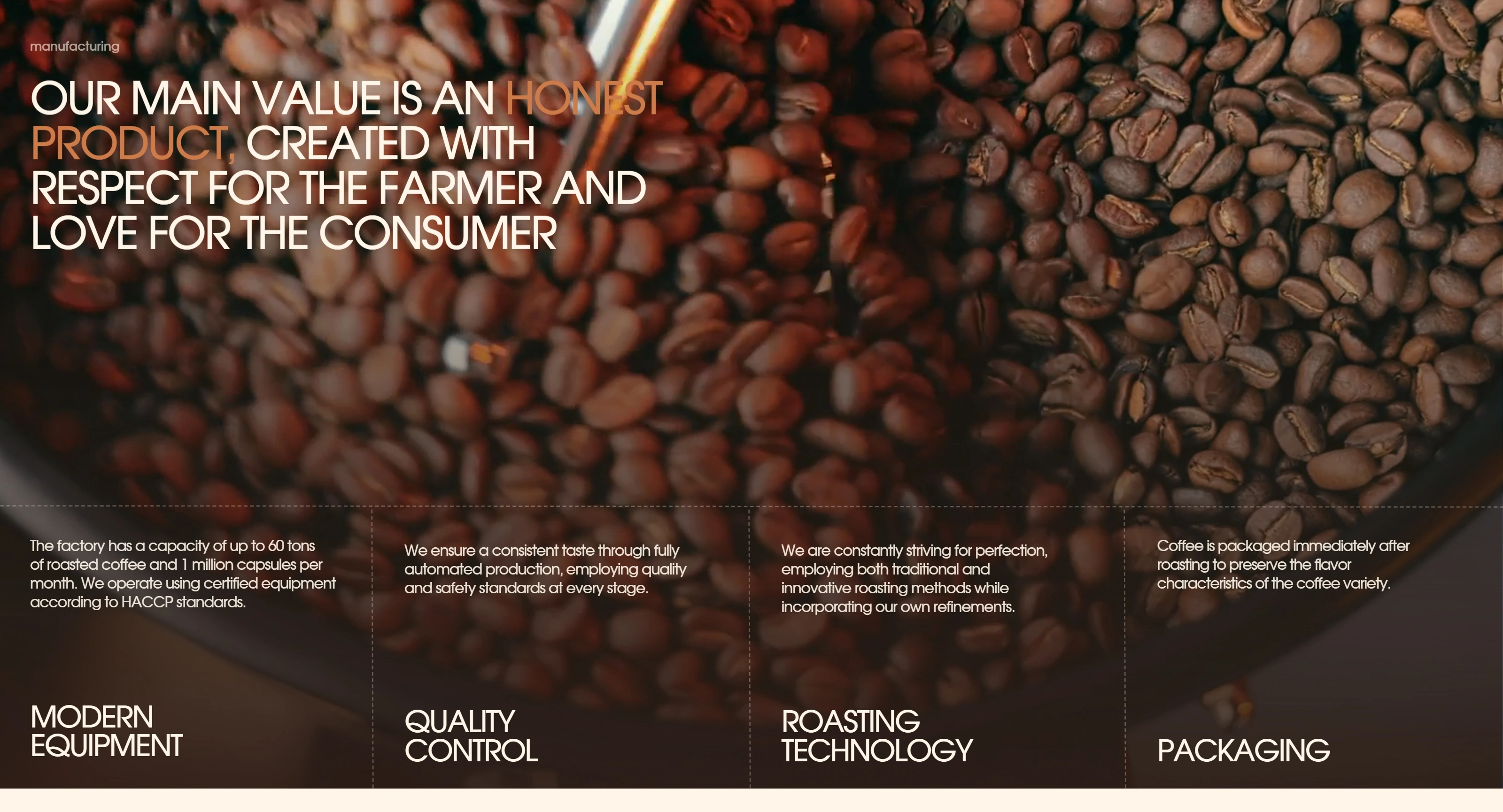 Taj Roastery Секция «О компании» с сайта https://tajroastery.com/, тематика — Еда и напитки, цвета — Черный, Серый, Коричневый, стиль — Корпоративный, Органический и природный, типографика — Без засечек