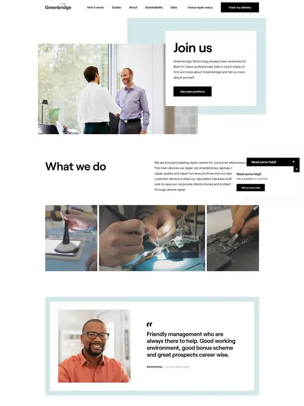 Страница карьеры Greenbridge, тематика — Бизнес и профессиональные услуги, Другое, цвета — Белый, Серый, стиль — Корпоративный, Минимализм, типографика — Без засечек