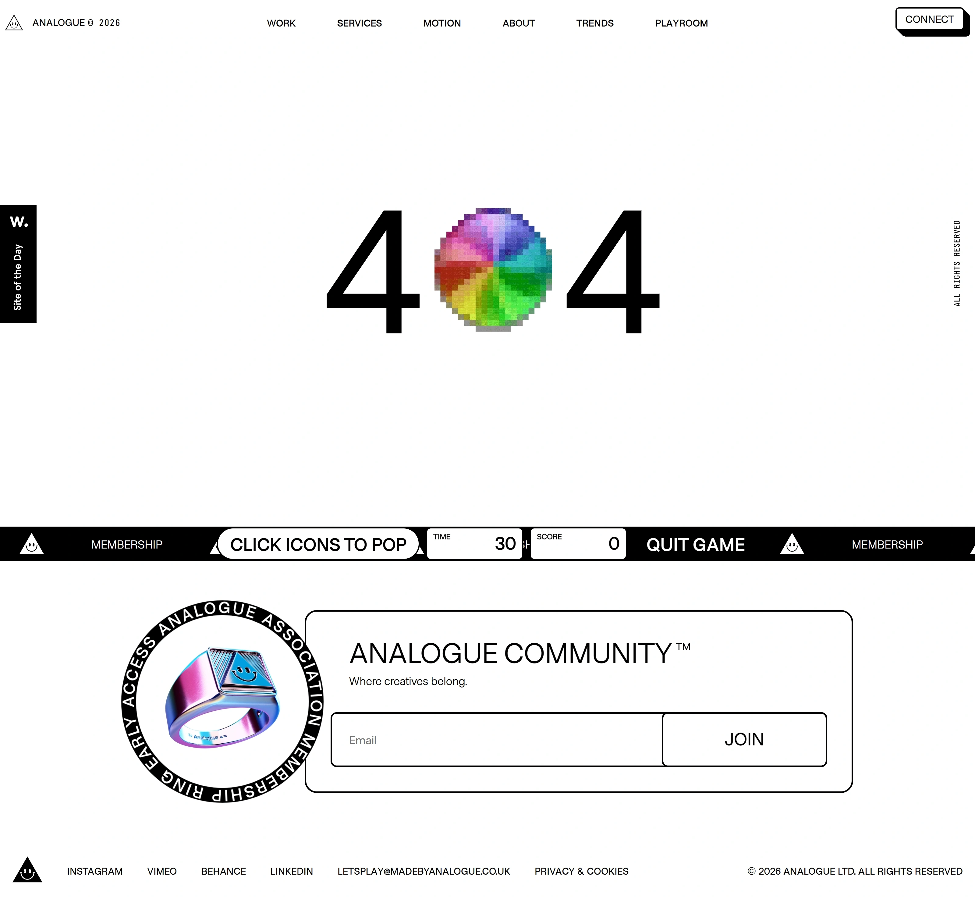 ANALOGUE 404-страница ANALOGUE, тематика — Агентство , цвета — Белый, Черный, Серый, стиль — Минимализм, Брутализм, типографика — Без засечек, Декоративные