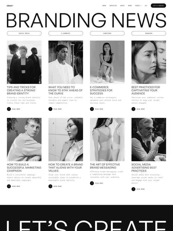 Новости Erikk, тематика — Агентство , цвета — Белый, Черный, Серый, стиль — Карточный, Минимализм, типографика — Без засечек, Декоративные