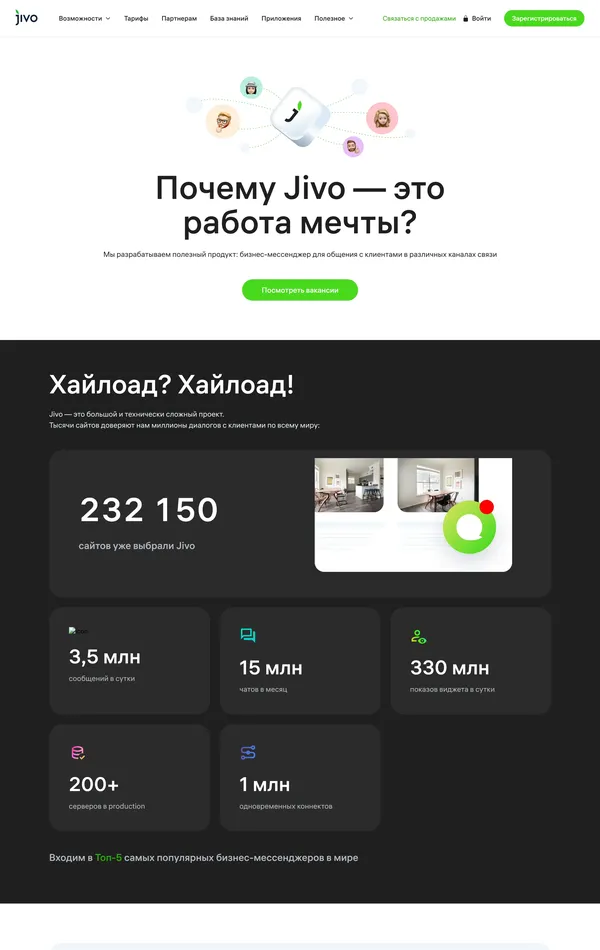 Страница карьеры Jivo, тематика — IT и программное обеспечение, SaaS, цвета — Белый, Черный, стиль — Корпоративный, Минимализм, типографика — Без засечек