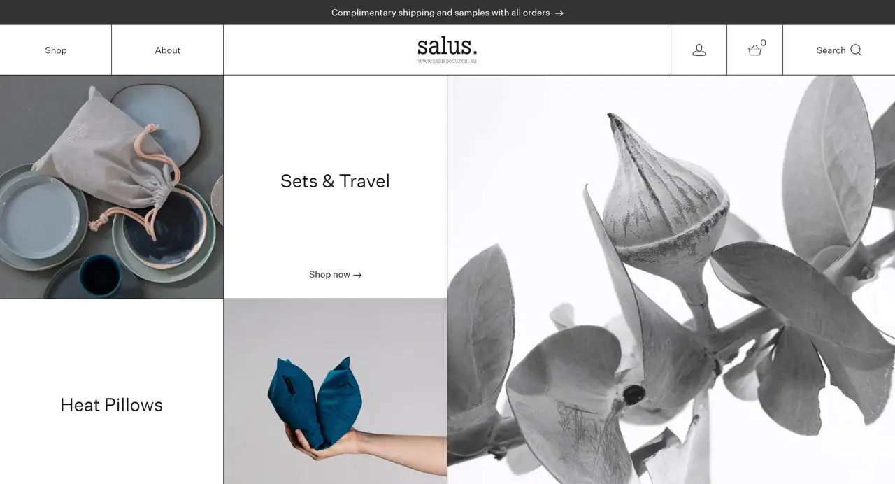 Секция «Первый экран» с сайта https://salusbody.com.au/, тематика — Красота, цвета — Белый, Черный, Серый, стиль — Минимализм, Органический и природный, типографика — Без засечек