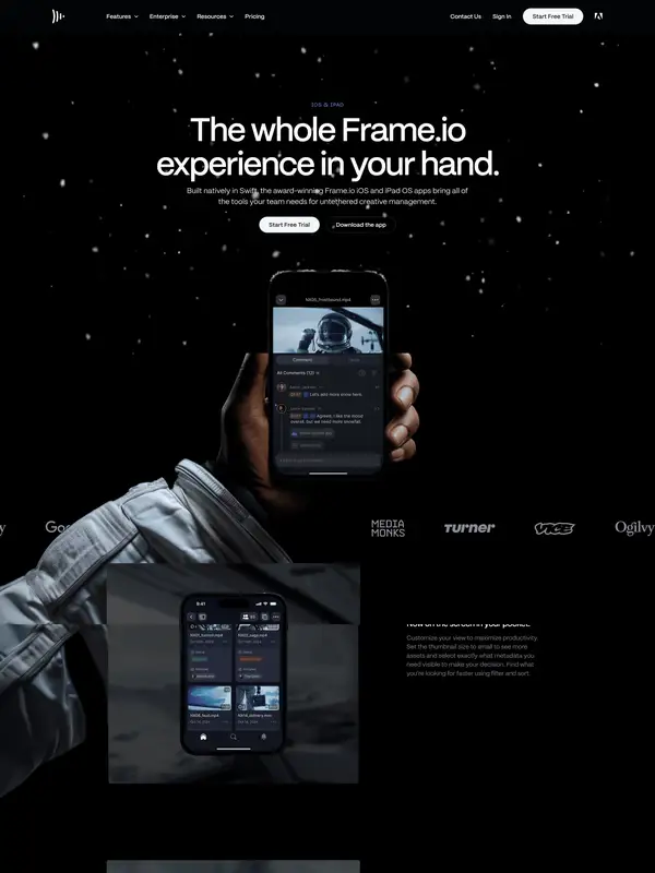 Лендинг Frame.io, тематика — Медиа, IT и программное обеспечение, цвета — Черный, стиль — Корпоративный, Минимализм, типографика — Без засечек