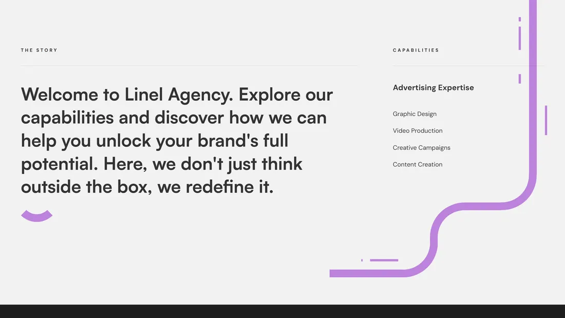 Секция «О компании» с сайта https://linel.webflow.io/, тематика — Агентство , цвета — Белый, стиль — Корпоративный, Минимализм, типографика — Без засечек