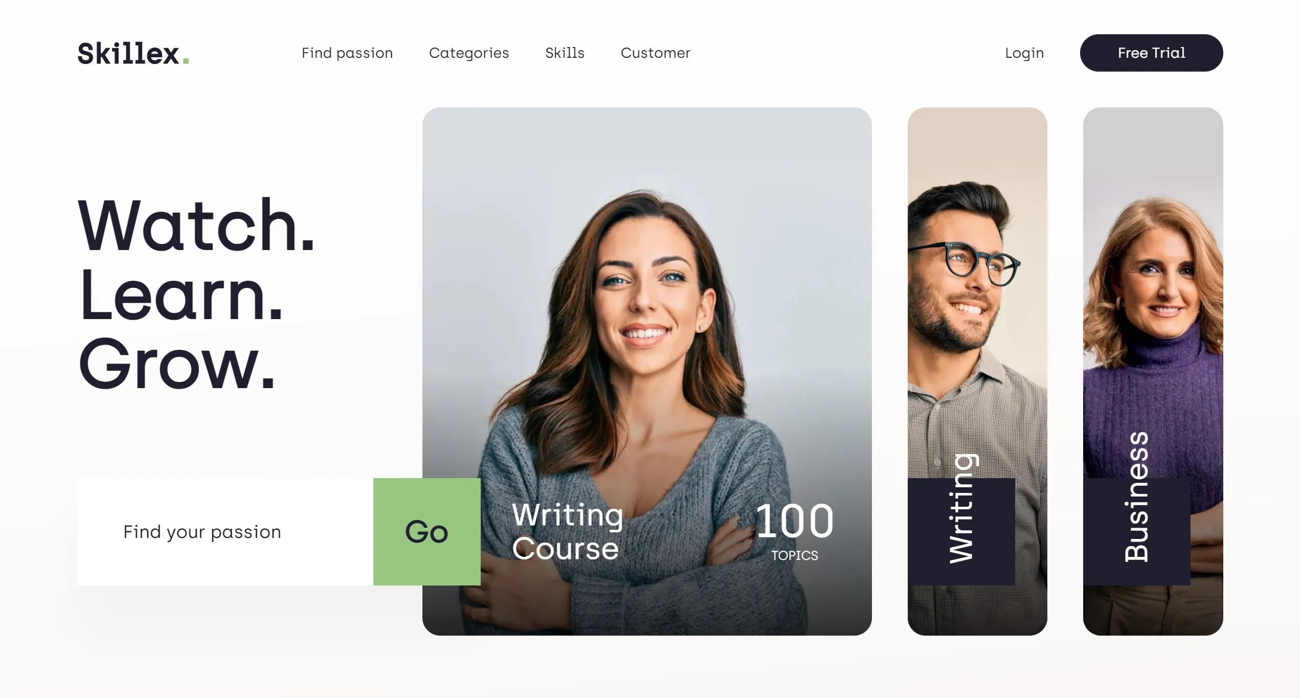 Секция «Первый экран» с сайта https://skillex.webflow.io/, тематика — Образование, цвета — Белый, Черный, Серый, стиль — Минимализм, типографика — Без засечек