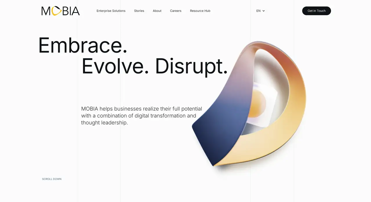 Секция «Первый экран» с сайта https://www.mobia.io/, тематика — IT и программное обеспечение, цвета — Белый, Серый, стиль — Корпоративный, Минимализм, типографика — Без засечек