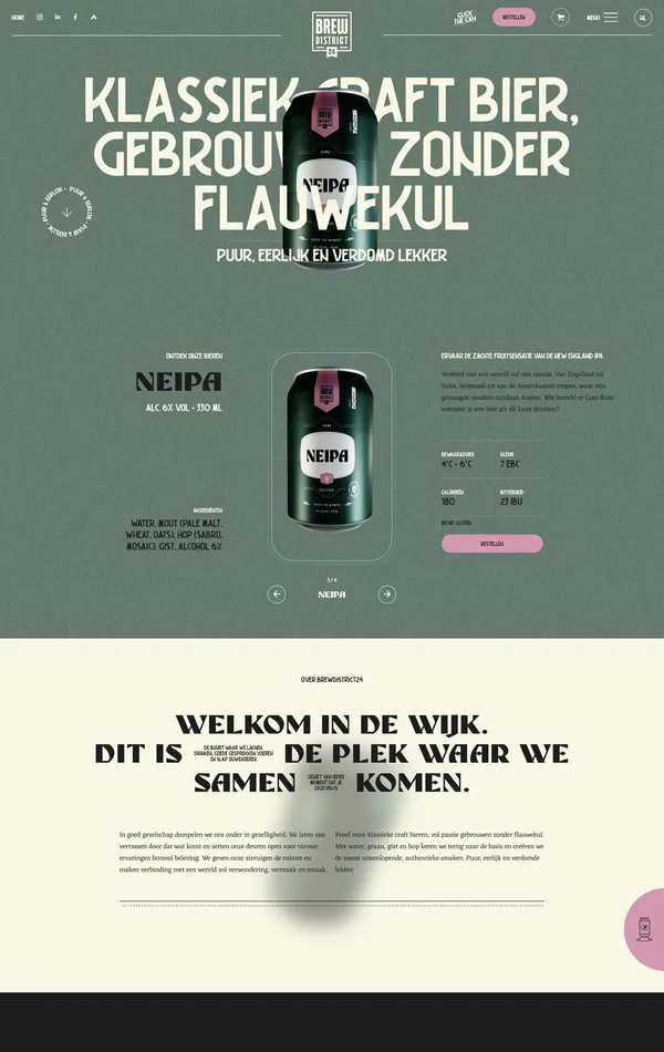 Лендинг Brewdistrict 24, тематика — Еда и напитки, цвета — Белый, Черный, Серый, стиль — Типографика, Брутализм, типографика — Декоративные, Без засечек