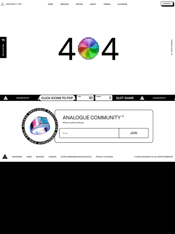 404-страница ANALOGUE, тематика — Агентство , цвета — Белый, Черный, Серый, стиль — Минимализм, Брутализм, типографика — Без засечек, Декоративные