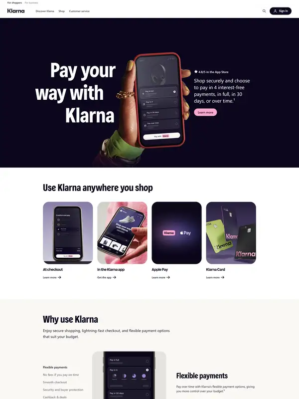 Многостраничный сайт Klarna, тематика — Интернет-магазин, SaaS, цвета — Белый, Черный, Серый, стиль — Корпоративный, Минимализм, типографика — Без засечек
