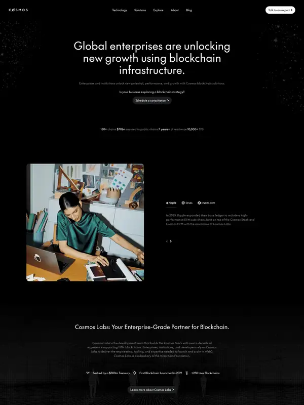 Лендинг Cosmos, тематика — Крипто  и блокчейн, цвета — Белый, Черный, стиль — Корпоративный, Минимализм, типографика — Без засечек