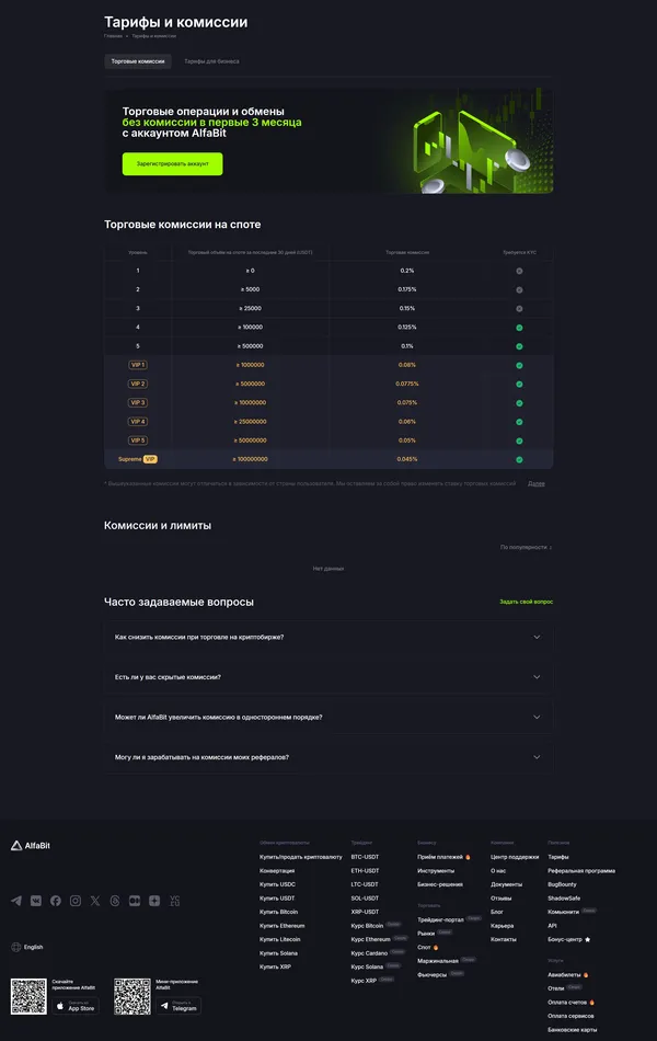 Секция «Цены» с сайта https://alfabit.org/, тематика — Крипто  и блокчейн, цвета — Черный, стиль — Корпоративный, типографика — Без засечек