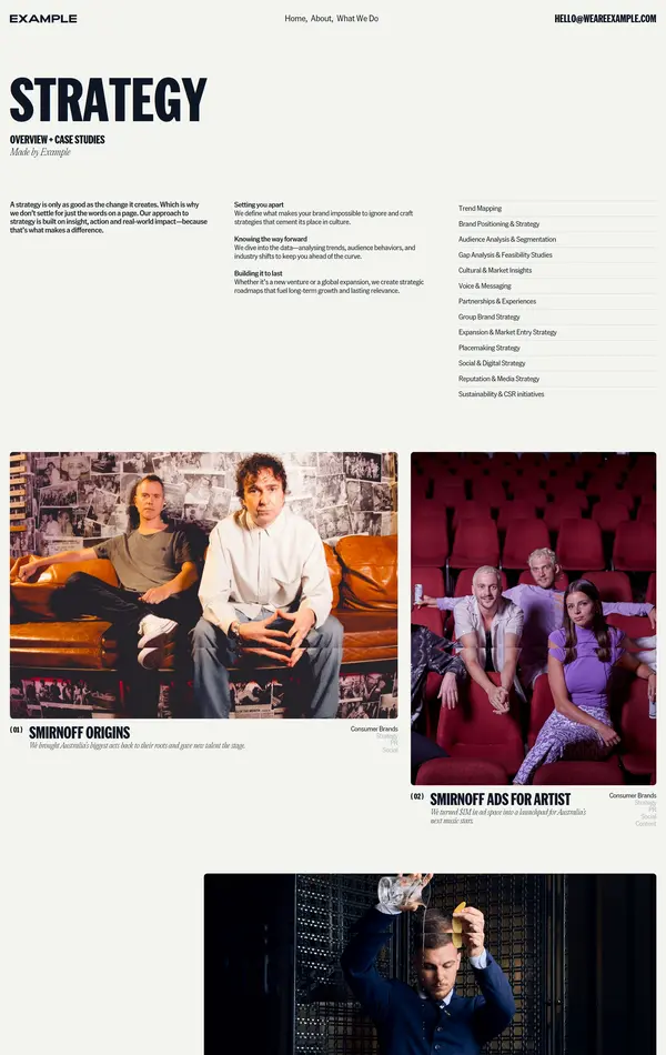 Портфолио Example, тематика — Маркетинг, цвета — Белый, Черный, Серый, стиль — Корпоративный, типографика — Без засечек