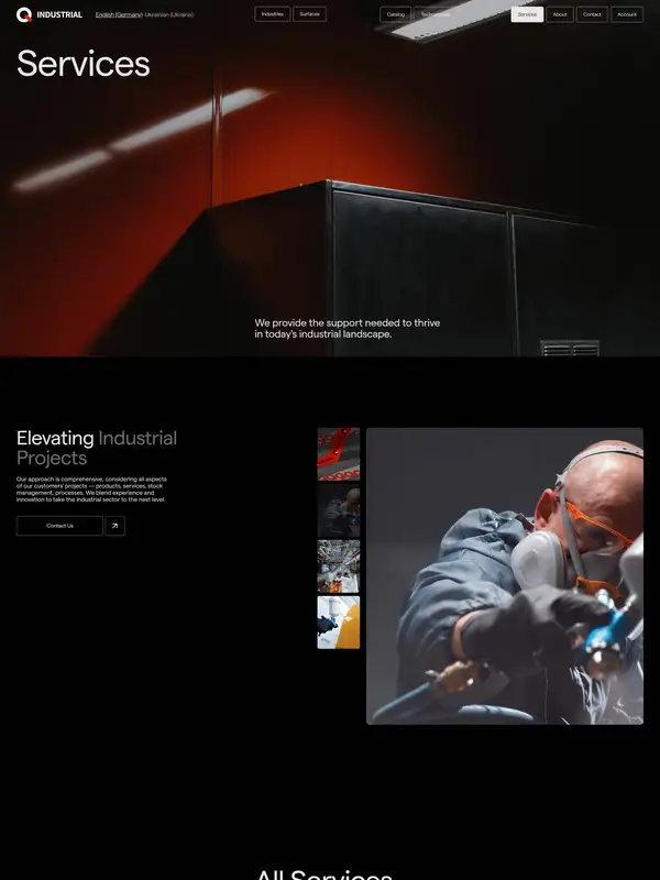 Услуги Q-Industrial, тематика — Производство, цвета — Черный, стиль — Корпоративный, Минимализм, типографика — Без засечек