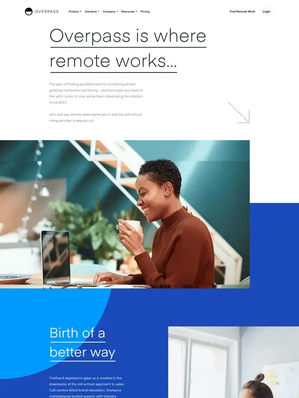 Страница о компании Overpass, тематика — SaaS, цвета — Белый, Серый, Синий, стиль — Корпоративный, Минимализм, типографика — Без засечек