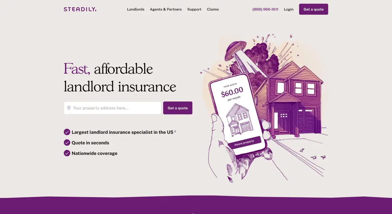 Секция «Первый экран» с сайта https://www.steadily.com/, тематика — Недвижимость, цвета — Белый, Серый, стиль — Рисованный, Корпоративный, типографика — С засечками, Без засечек