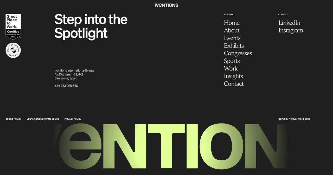 Секция «Футер» с сайта https://iventions.com/, тематика — Мероприятия, цвета — Черный, стиль — Корпоративный, Минимализм, типографика — С засечками, Без засечек