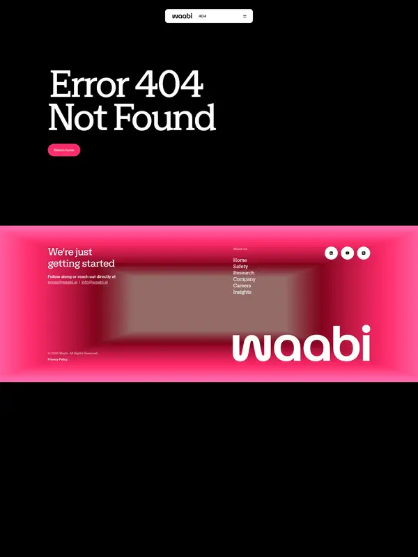 404-страница Waabi, тематика — IT и программное обеспечение, цвета — Черный, Красный, Розовый, стиль — Корпоративный, Минимализм, типографика — С засечками, Без засечек