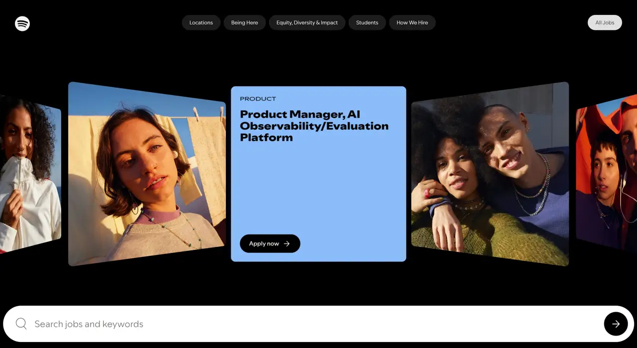 Секция «Первый экран» с сайта https://www.lifeatspotify.com/, тематика — Музыка, цвета — Белый, Черный, Серый, стиль — Карточный, Минимализм, типографика — Без засечек