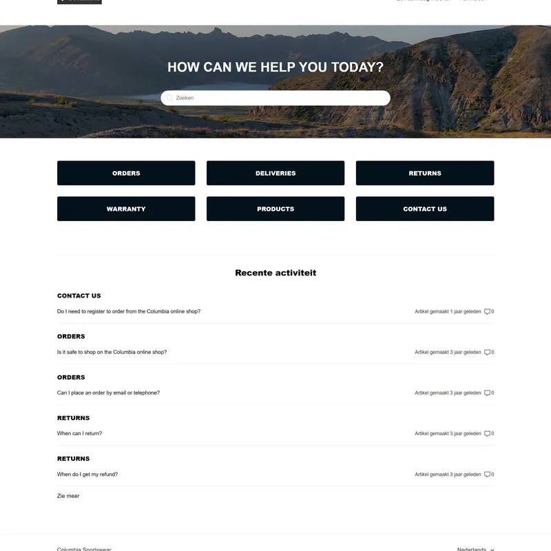 Секция «О компании» с сайта https://www.columbia.com/, тематика — Интернет-магазин, цвета — Белый, Черный, стиль — Корпоративный, Минимализм, типографика — Без засечек