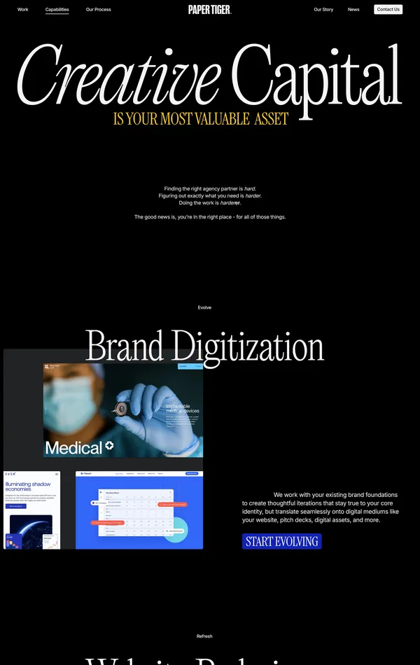 Услуги Paper Tiger, тематика — Агентство , цвета — Черный, стиль — Корпоративный, Типографика, типографика — С засечками, Без засечек