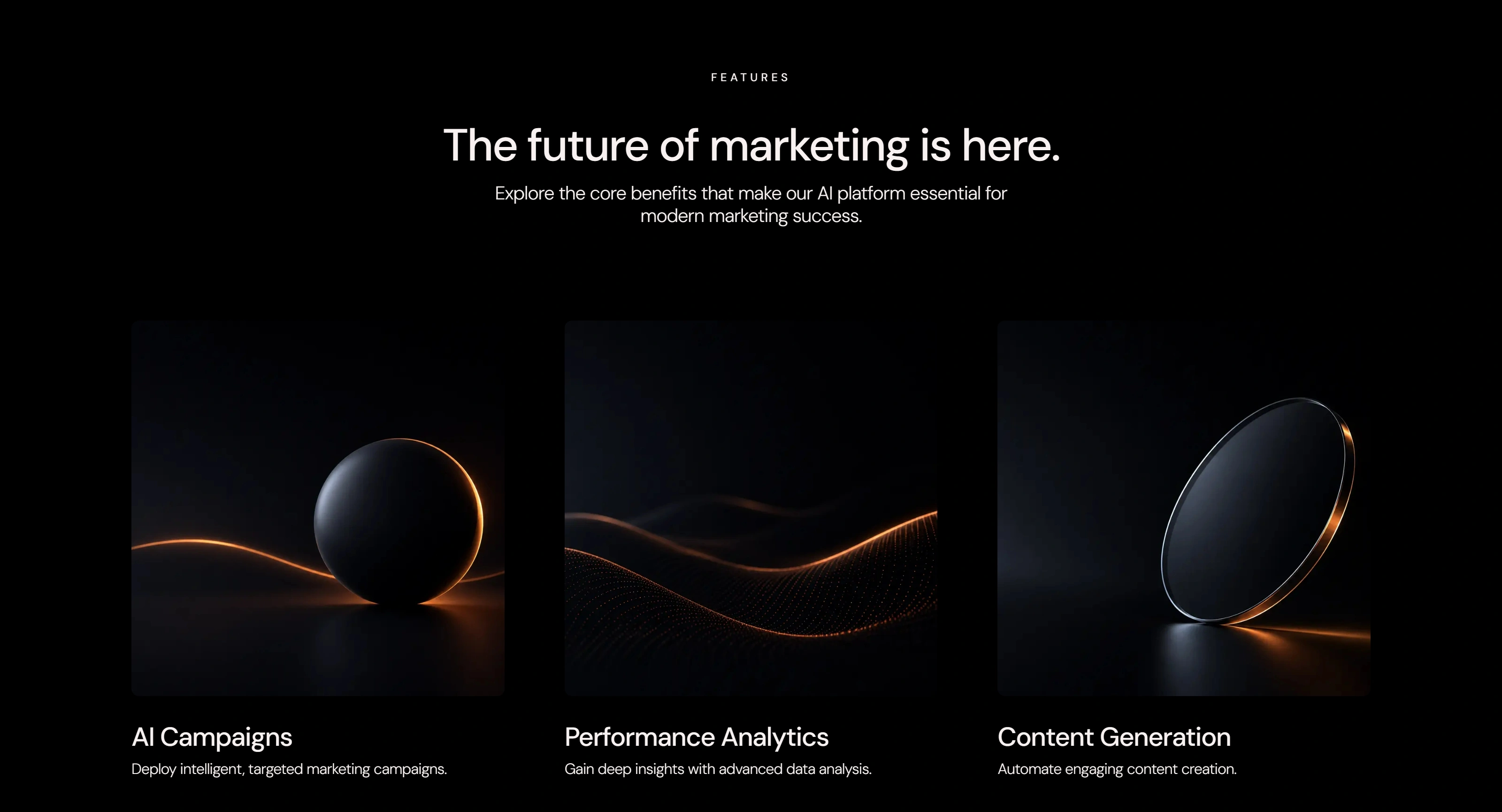 Creative Marketing Agency Секция «Преимущества» с сайта https://creativemarketing.peachweb.io/, тематика — Агентство , цвета — Черный, стиль — Корпоративный, Минимализм, типографика — Без засечек