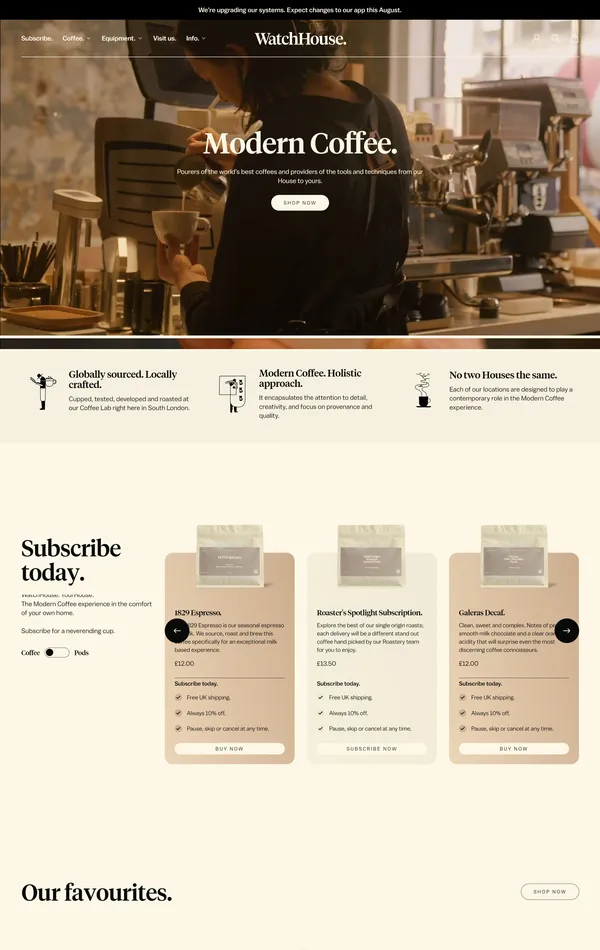 Главная WatchHouse, тематика — Еда и напитки, цвета — Белый, Черный, Серый, стиль — Корпоративный, Минимализм, типографика — Без засечек