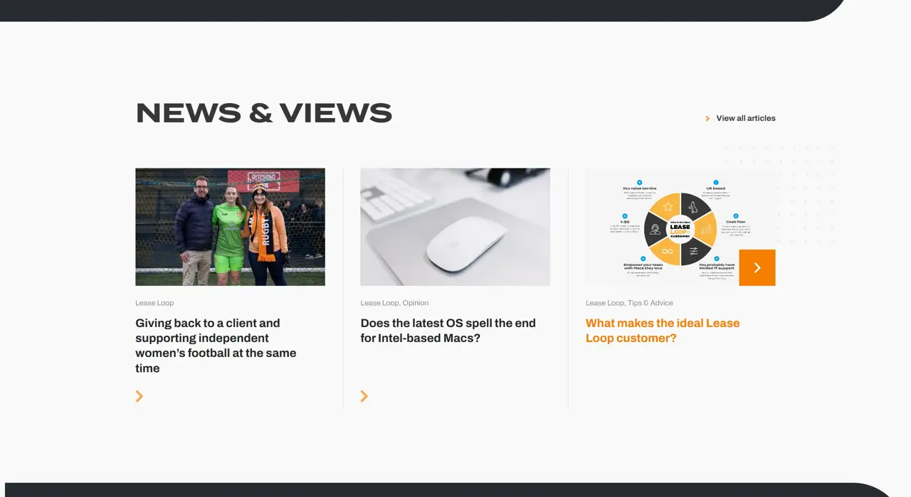 Секция «Новости» с сайта https://leaseloop.co/, тематика — SaaS, цвета — Белый, Черный, Серый, стиль — Корпоративный, Карточный, типографика — Без засечек