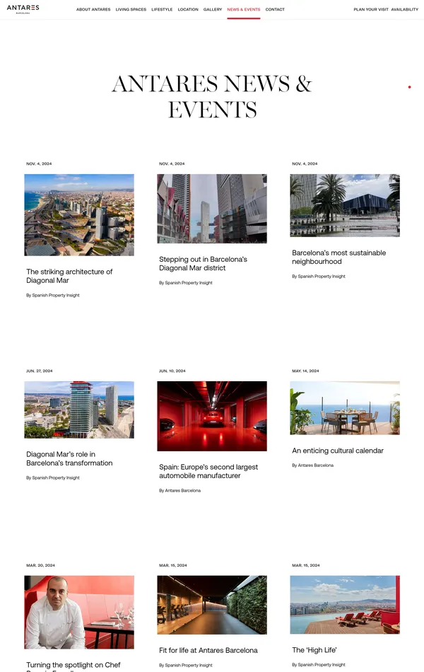 Новости Antares Barcelona, тематика — Недвижимость, цвета — Белый, Серый, стиль — Корпоративный, Минимализм, типографика — С засечками, Без засечек