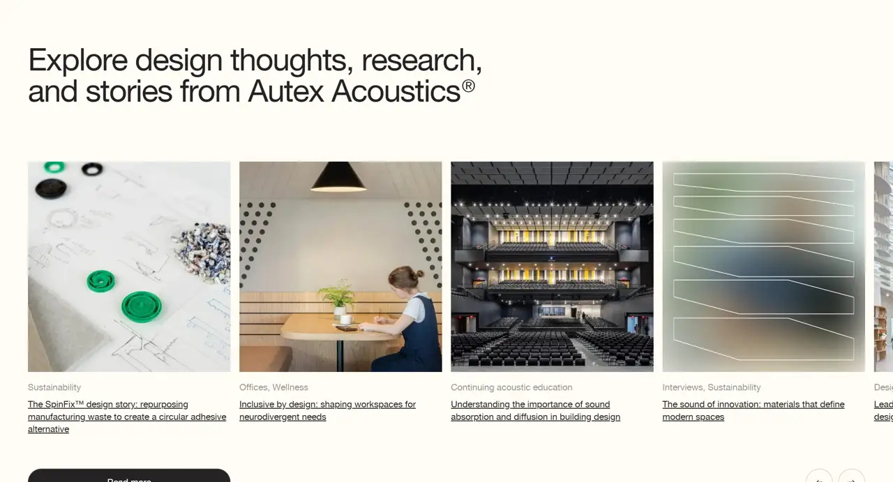 Секция «Контент» с сайта http://autexacoustics.com/, тематика — Другое, цвета — Белый, Черный, Серый, стиль — Корпоративный, Минимализм, типографика — Без засечек