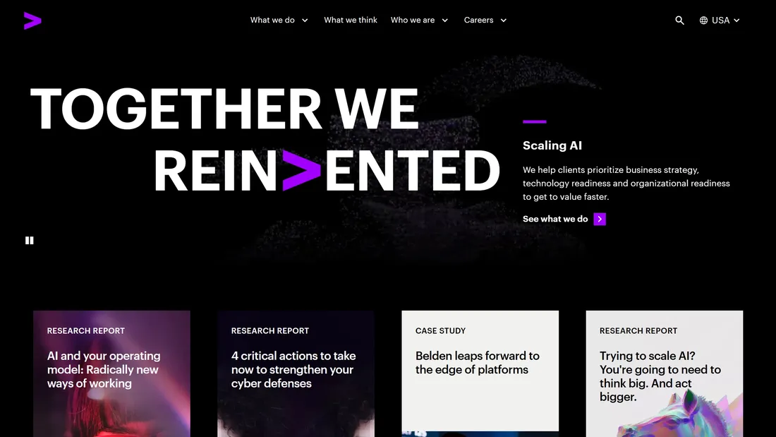 Секция «Первый экран» с сайта https://www.accenture.com/us-en, тематика — Бизнес и профессиональные услуги, цвета — Черный, Серый, стиль — Корпоративный, Полигональный, типографика — Без засечек