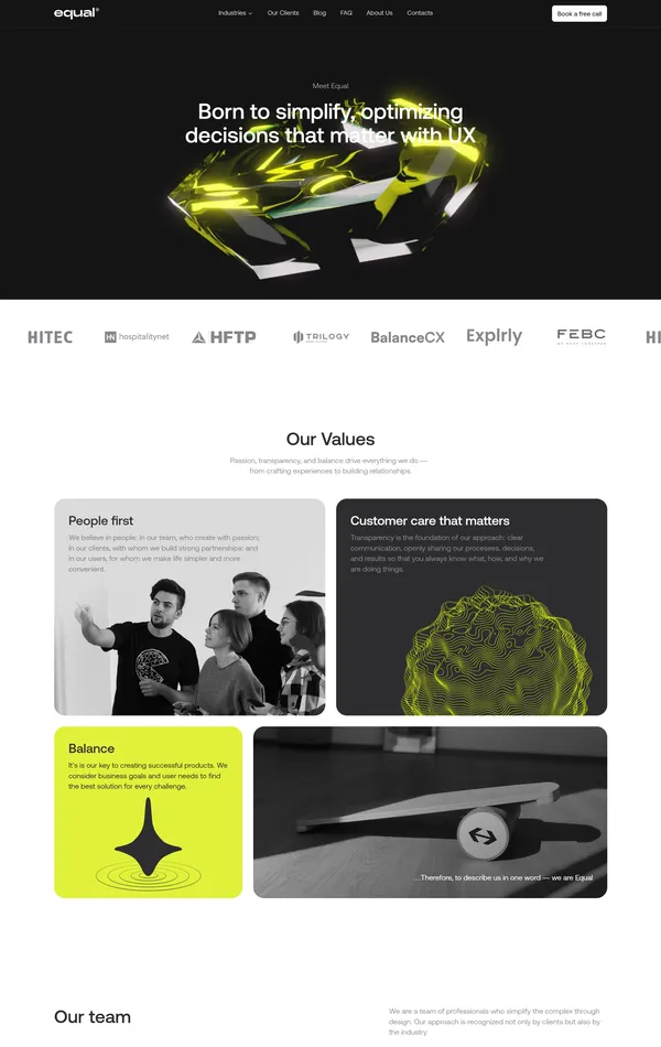 Страница о компании Equal.design, тематика — Дизайн, IT и программное обеспечение, цвета — Белый, Черный, Серый, стиль — Корпоративный, Минимализм, типографика — Без засечек