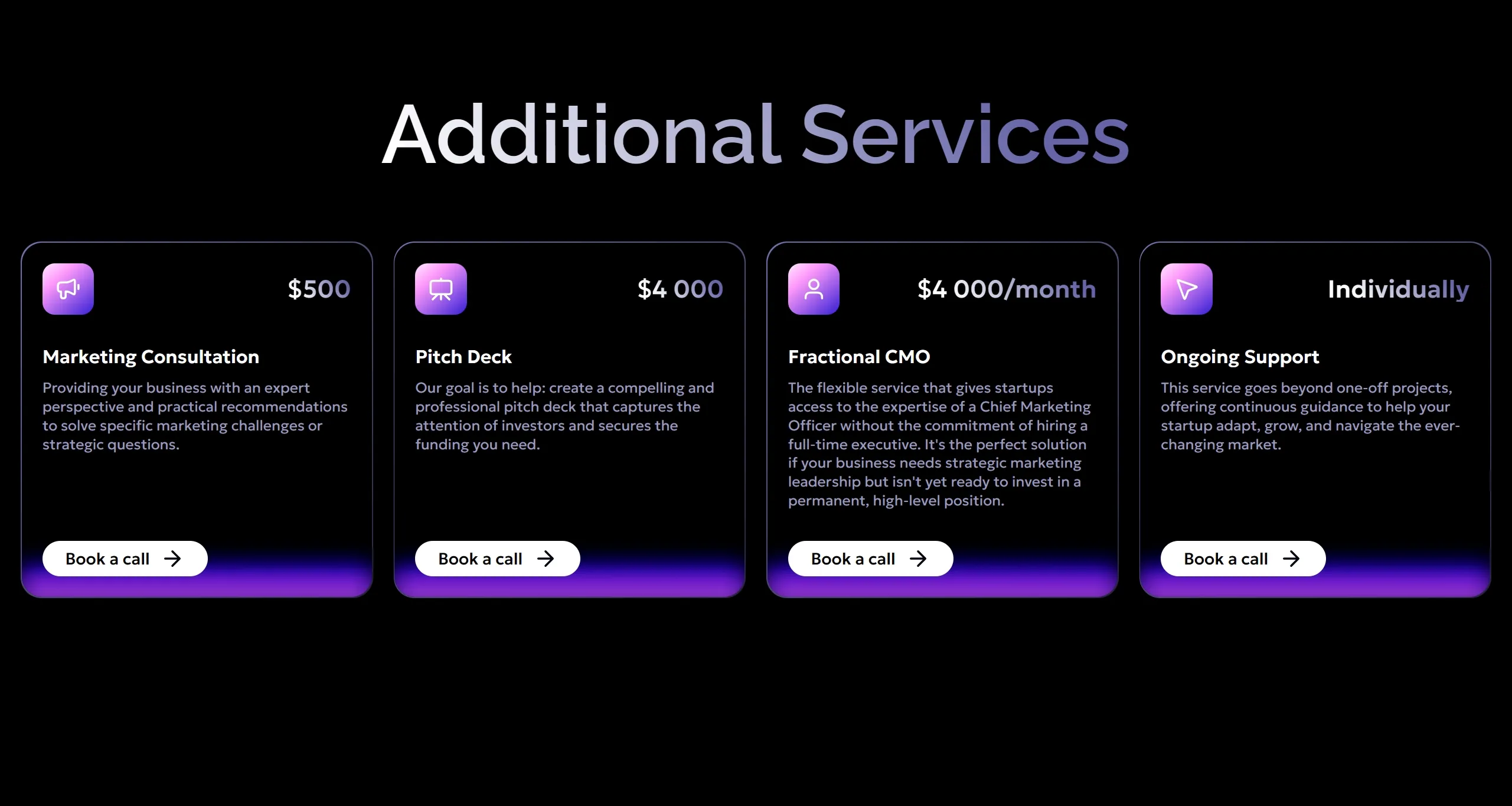 Outflame Секция «Услуги» с сайта https://launch.outflame.io/, тематика — Бизнес и профессиональные услуги, цвета — Черный, стиль — Корпоративный, типографика — Без засечек