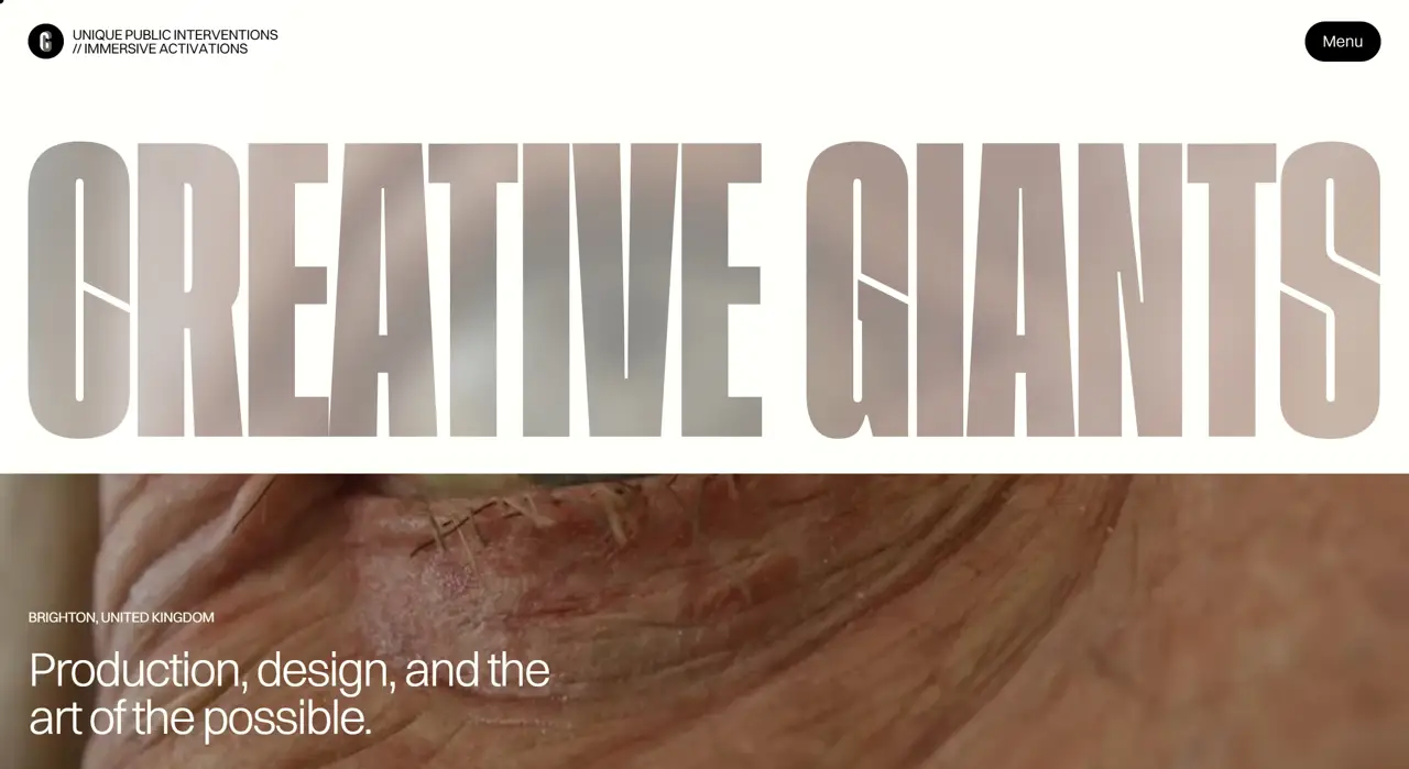 Секция «Первый экран» с сайта https://www.creativegiants.art/, тематика — Искусство, цвета — Белый, Серый, Коричневый, стиль — Корпоративный, Минимализм, Брутализм, типографика — Без засечек, Декоративные