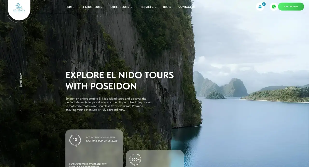 Секция «Первый экран» с сайта https://poseidonelnido.com/, тематика — Путешествия и туризм, цвета — Белый, Черный, Серый, стиль — Минимализм, Органический и природный, типографика — Без засечек