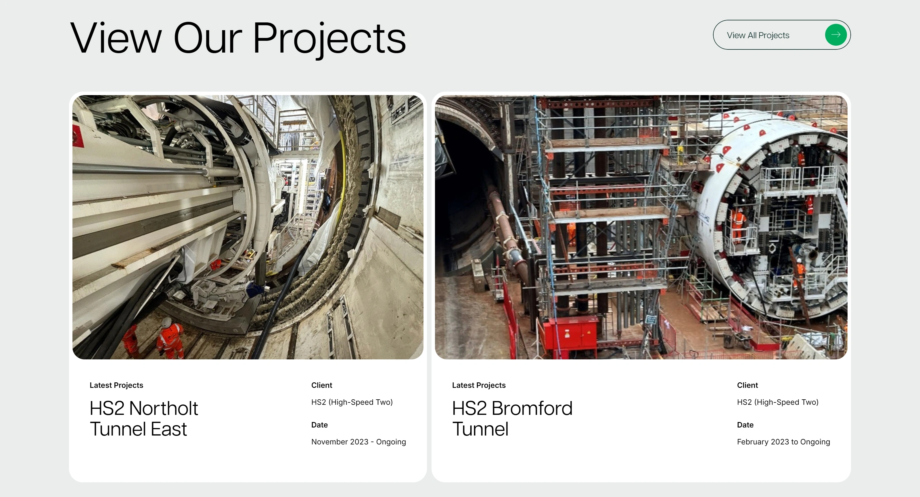 TunnelCraft Секция «Портфолио» с сайта https://tunnelcraft.co.uk/, тематика — Другое, цвета — Белый, Черный, Серый, стиль — Корпоративный, Карточный, типографика — Без засечек