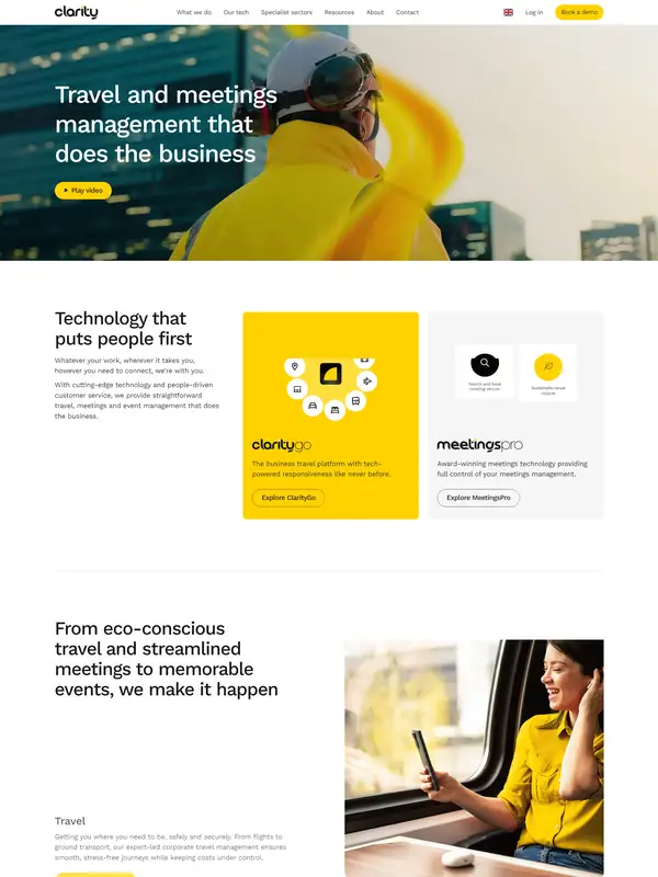 Главная Clarity Business Travel, тематика — Путешествия и туризм, цвета — Белый, Черный, Серый, стиль — Корпоративный, Минимализм, типографика — Без засечек