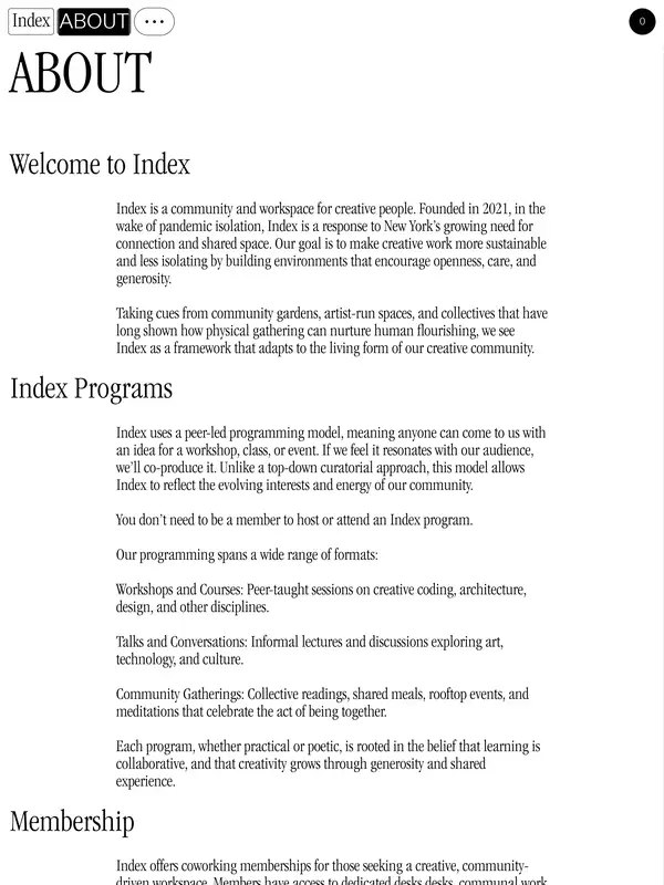 Страница о компании Index, тематика — Комьюнити, цвета — Белый, стиль — Классический, Минимализм, типографика — С засечками