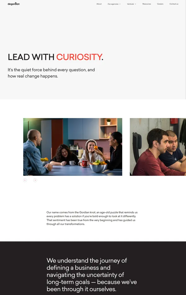 Страница о компании Degordian, тематика — Агентство , цвета — Белый, Черный, стиль — Корпоративный, Минимализм, типографика — Без засечек