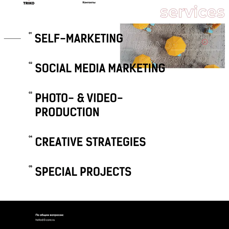 Секция «Услуги» с сайта https://triko.agency, тематика — Маркетинг, цвета — Белый, Черный, Серый, стиль — Минимализм, типографика — Без засечек