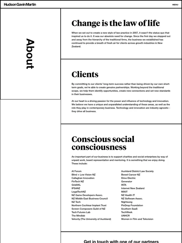 Страница о компании Hudson Gavin Martin, тематика — Бизнес и профессиональные услуги, цвета — Белый, стиль — Корпоративный, Минимализм, типографика — Без засечек